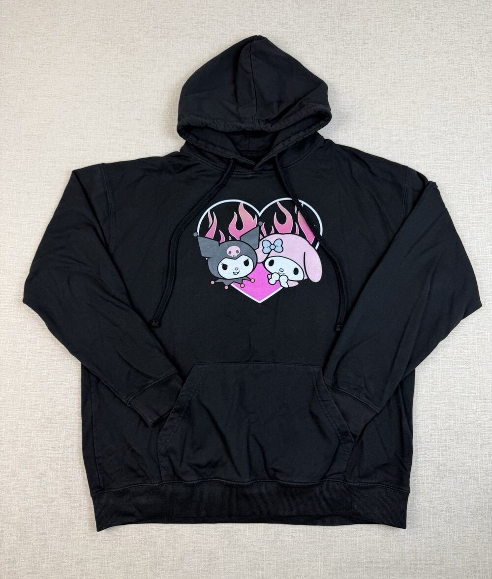 Sanrio Kuromi My Melody Hoodie Large Black Pink Flames Bioworld Kawaii